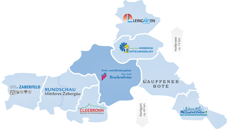 Hier erhalten Sie eine Landkarte mit den Verteilungsgebiete der jeweiligen Amts- und Mitteilungsblätter. Über die jeweiligen Gebietsflächen können Sie direkt zum entsprechenden Amts- und Mitteilungsblatt navigieren.