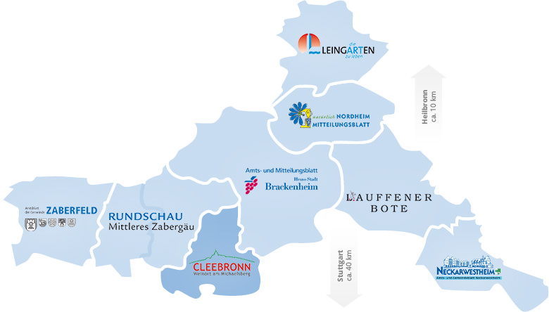 Hier erhalten Sie eine Landkarte mit den Verteilungsgebiete der jeweiligen Amts- und Mitteilungsblätter. Über die jeweiligen Gebietsflächen können Sie direkt zum entsprechenden Amts- und Mitteilungsblatt navigieren.