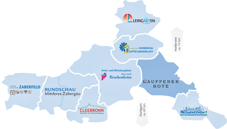 Hier erhalten Sie eine Landkarte mit den Verteilungsgebiete der jeweiligen Amts- und Mitteilungsblätter. Über die jeweiligen Gebietsflächen können Sie direkt zum entsprechenden Amts- und Mitteilungsblatt navigieren.