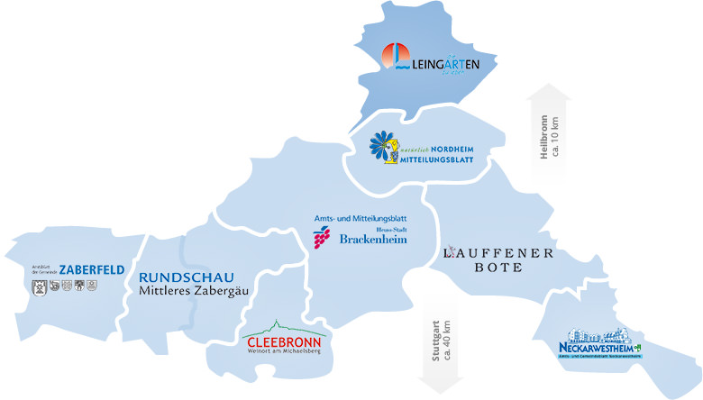 Hier erhalten Sie eine Landkarte mit den Verteilungsgebiete der jeweiligen Amts- und Mitteilungsblätter. Über die jeweiligen Gebietsflächen können Sie direkt zum entsprechenden Amts- und Mitteilungsblatt navigieren.