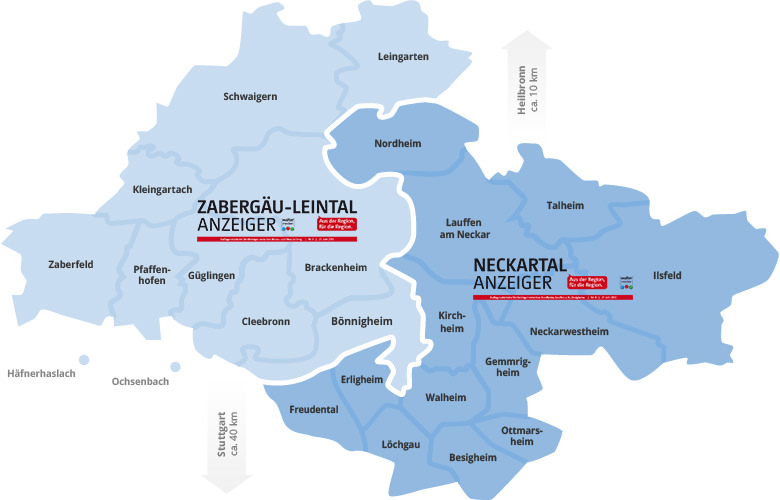 Hier erhalten Sie eine Landkarte mit den Verteilungsgebiete der jeweiligen Amts- und Mitteilungsblätter. Über die jeweiligen Gebietsflächen können Sie direkt zum entsprechenden Amts- und Mitteilungsblatt navigieren.