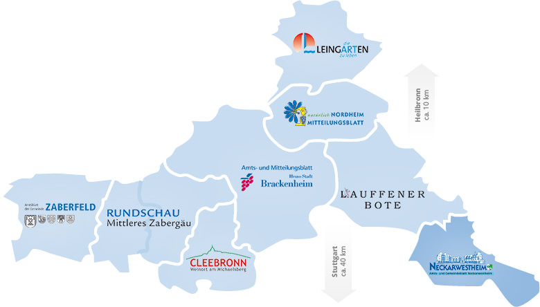 Hier erhalten Sie eine Landkarte mit den Verteilungsgebiete der jeweiligen Amts- und Mitteilungsblätter. Über die jeweiligen Gebietsflächen können Sie direkt zum entsprechenden Amts- und Mitteilungsblatt navigieren.
