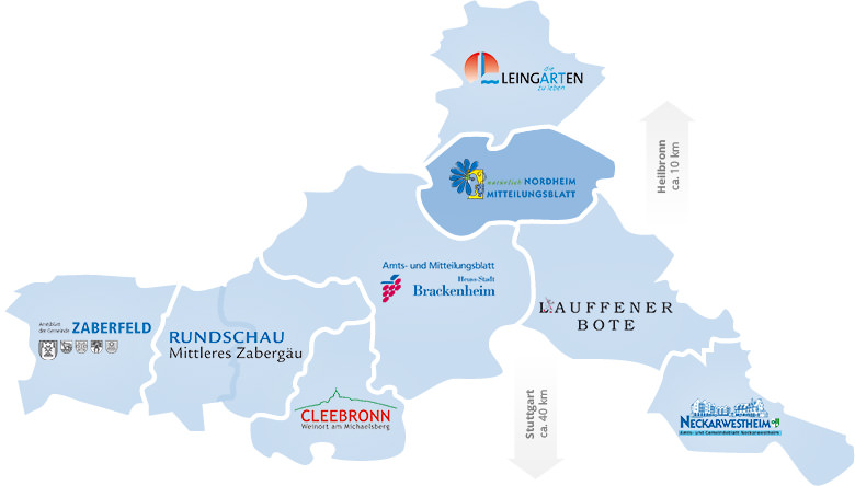 Hier erhalten Sie eine Landkarte mit den Verteilungsgebiete der jeweiligen Amts- und Mitteilungsblätter. Über die jeweiligen Gebietsflächen können Sie direkt zum entsprechenden Amts- und Mitteilungsblatt navigieren.