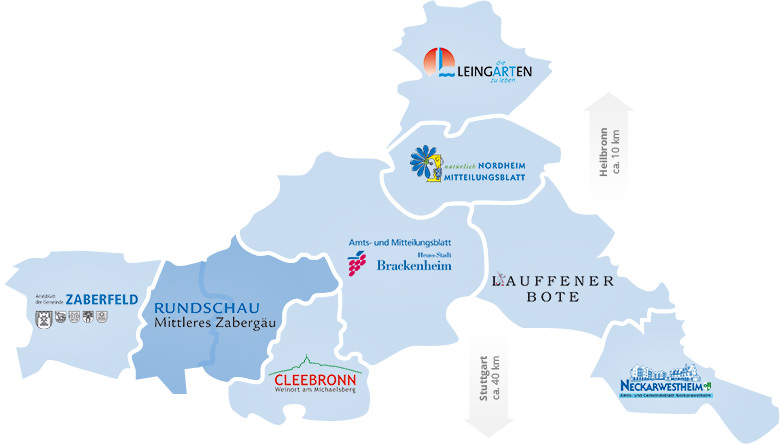 Hier erhalten Sie eine Landkarte mit den Verteilungsgebiete der jeweiligen Amts- und Mitteilungsblätter. Über die jeweiligen Gebietsflächen können Sie direkt zum entsprechenden Amts- und Mitteilungsblatt navigieren.