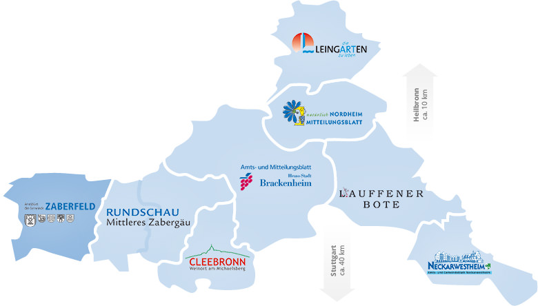 Hier erhalten Sie eine Landkarte mit den Verteilungsgebiete der jeweiligen Amts- und Mitteilungsblätter. Über die jeweiligen Gebietsflächen können Sie direkt zum entsprechenden Amts- und Mitteilungsblatt navigieren.